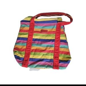 Vintage Y2K Esprit Cotton Cloth Bold Striped Rainbow Colored Zip Tote Bag Mexico